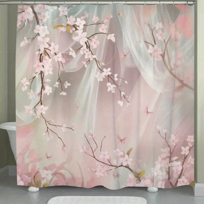 1pc Cherry Blossom and Butterfly Polyester Shower Curtain - Floral Print Bathroom Decor with Hooks, Machine Washable
