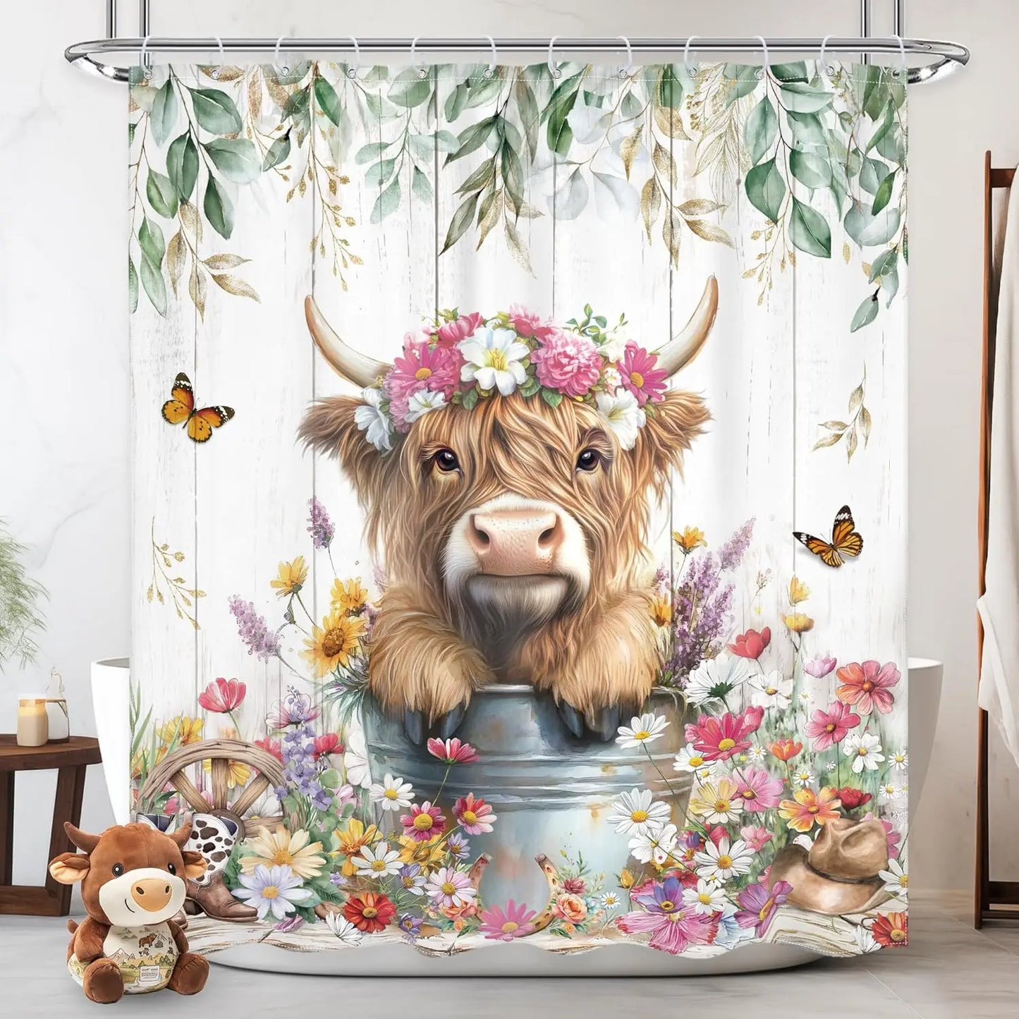 Funny Pig Shower Curtain Farmhouse Rustic Farm Animal in Bathtub Cute Western Country Shower Curtain Bathroom Set Pink Floral