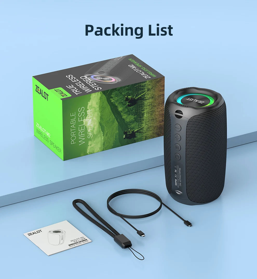 zealot-m2 Portable Bluetooth Speaker,IPX5 Waterproof 360° Wireless Speaker TWS Stereo Pairing 10hrs Playtime For Camping Hiking