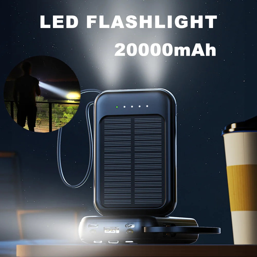 20000mAh Portable Solar Power Bank Built in 4 Cables External Battery Pack  Mini Powerbank  with LED Light for Cell Phones