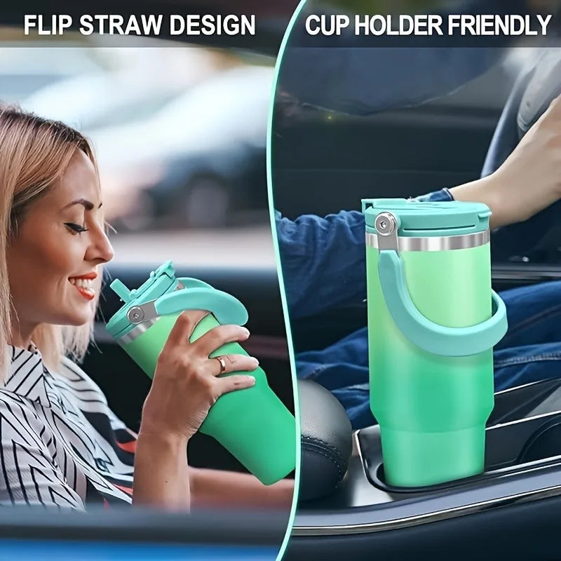 890ML Stainless Steel Thermos Cup with Straw  Keep Cold and Hot Car Coffee Cup Portable Vacuum Flask Travel Thermos Water Bottle