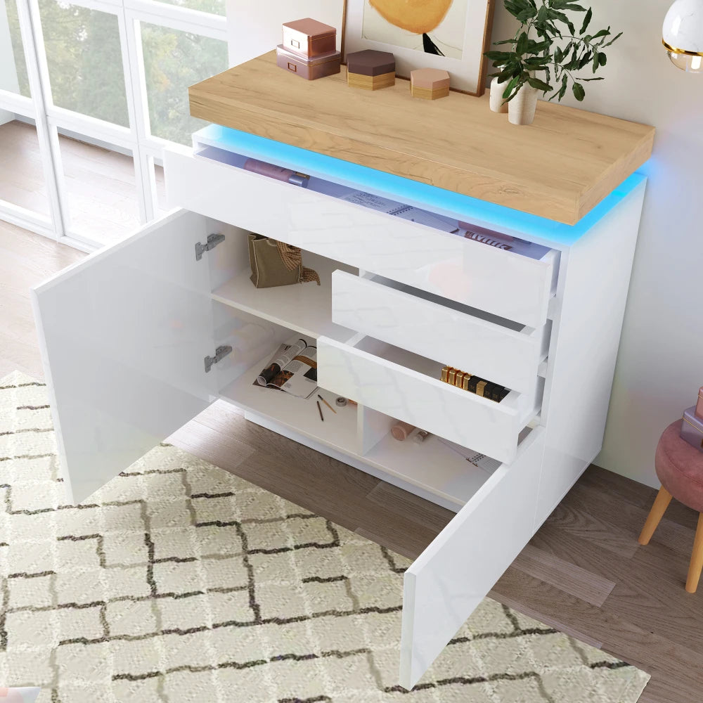 PINGGO Chest of Drawers,High-gloss Sideboard Cabinet with 2 Doors and 3 Drawers,Storage with RGB LED,115 x 110 x 39 cm, White