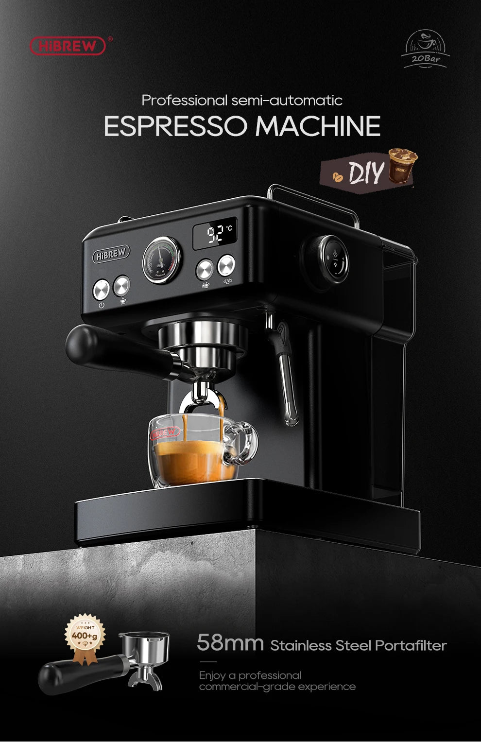 HiBREW H10A Black Espresso Machine Temperature Volume Pre Brewing Adjustable 58mm Portafilter Cappuccino Coffee Maker