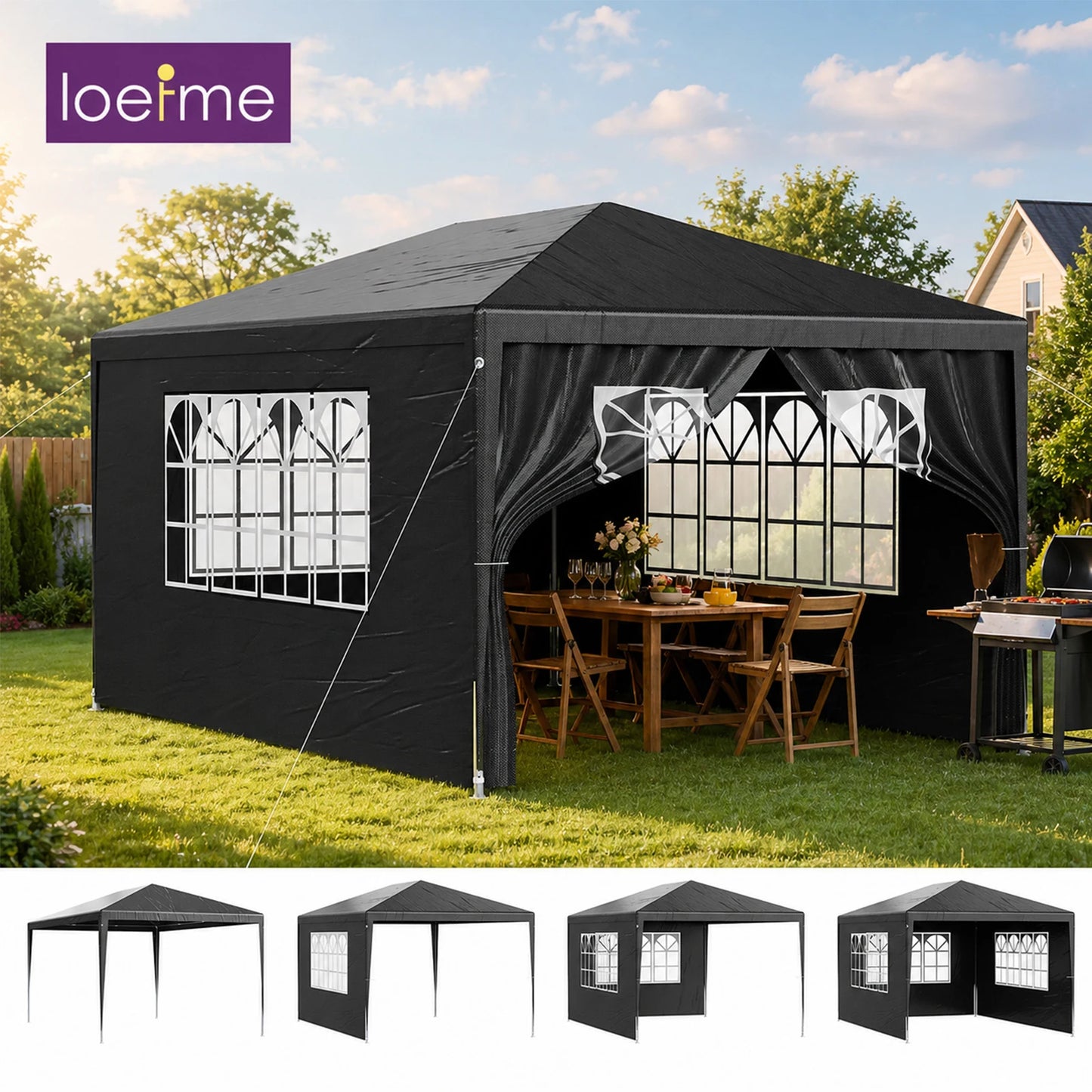 LOEFME 3x4M/3x3M Outdoor Gazebo Tent Outdoor Garden Camping Awning Waterproof Windproof UV Sun Shelter W/ Removable 4 Side Walls