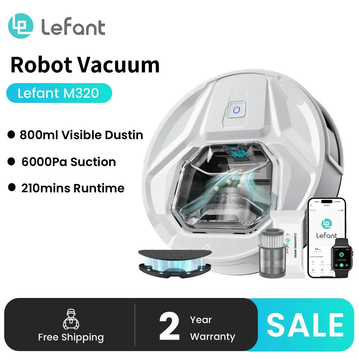 Lefant M320 Robot Vacuum Cleaner, Carpet Detection, 6,000 Pa Suction, Low Noise,  210 Mins Runtime, Self-Charging, Ideal for Har