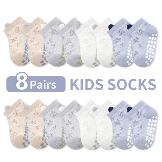 8-Pack Baby Floor Socks with Star Mesh, Breathable, Non-Slip, for Boys and Girls, Solid Color, Versatile, Soft Sole, Indoor Non-Slip, Blue Series, Suitable for Casual Daily Life