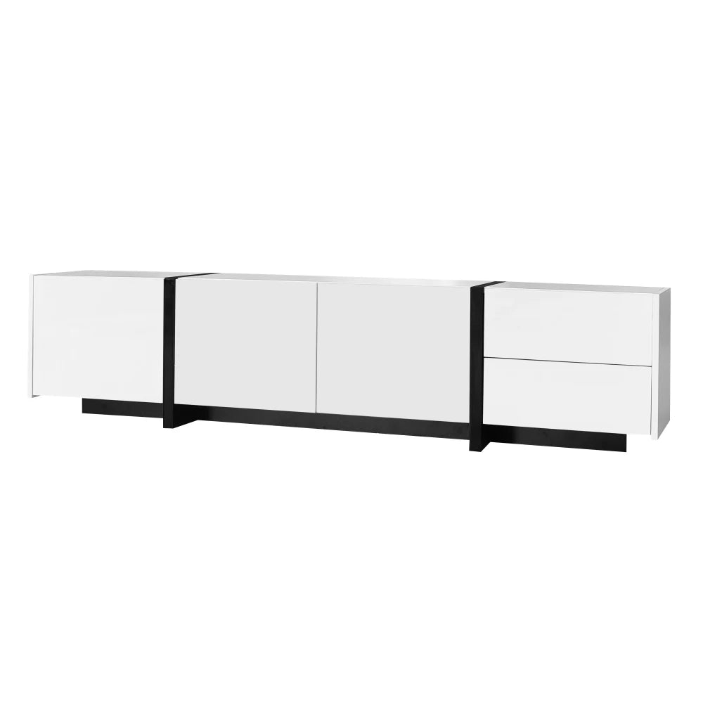 PINGGO TV cabinet, white high-gloss cabinet and black contrasting table legs, with simple cabinet doors and drawers.