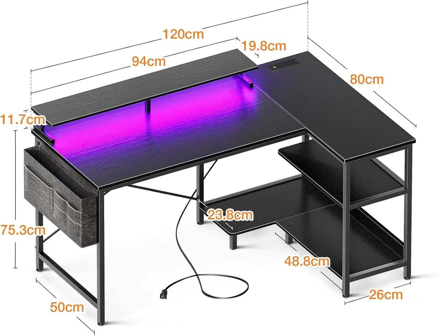 Coleshome L Shaped Gaming Desk with LED Lights, 120 × 80 cm Computer Desk with Power Outlet,  Black