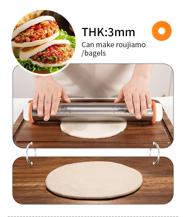 13.78 Inch Stainless Steel Adjustable Rolling Pin with 4 Thickness Removable Rings Dough Roller for Pizza Cookie Baking Tools
