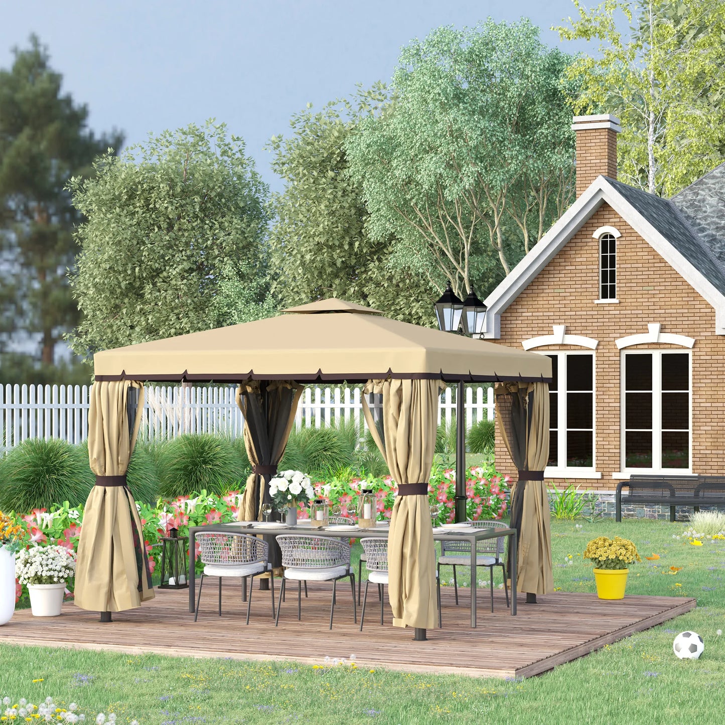 Outsunny 3 x 3(m) Patio Gazebo Canopy Garden Pavilion Tent Shelter with 2 Tier Water Repellent Roof, Mosquito Netting
