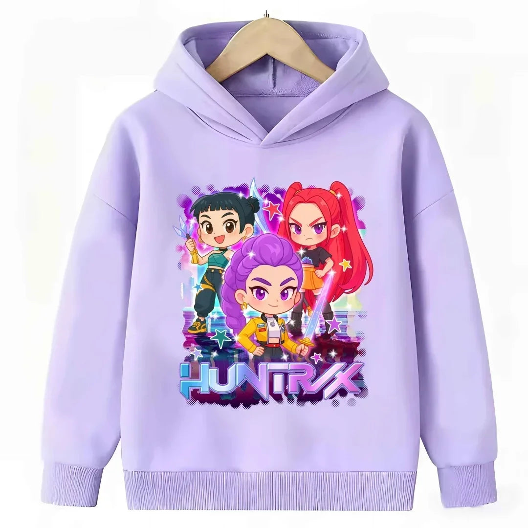 2026 New Kpop Demon Hunter Cartoon Hoodie Kids Boys Girls Purple Warm Casual Loose Sweatshirt Children Fashion Streetwear Tops