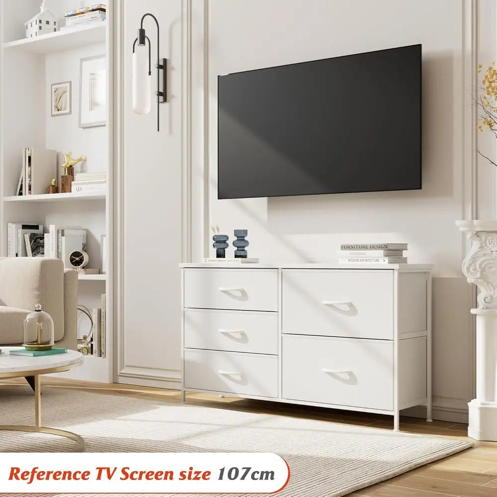 5 Drawer Bedroom Chest with Storage, Wooden Top, Steel Handles, White, 30 x 100 x 61
