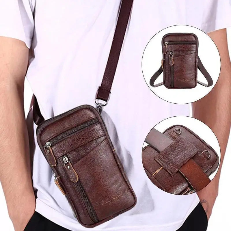 Leather Waist Bag Men's Mobile Phone Bag Wearing Belt Outdoor Sport One Shoulder Small Bag Doing Business Crossbody Bags