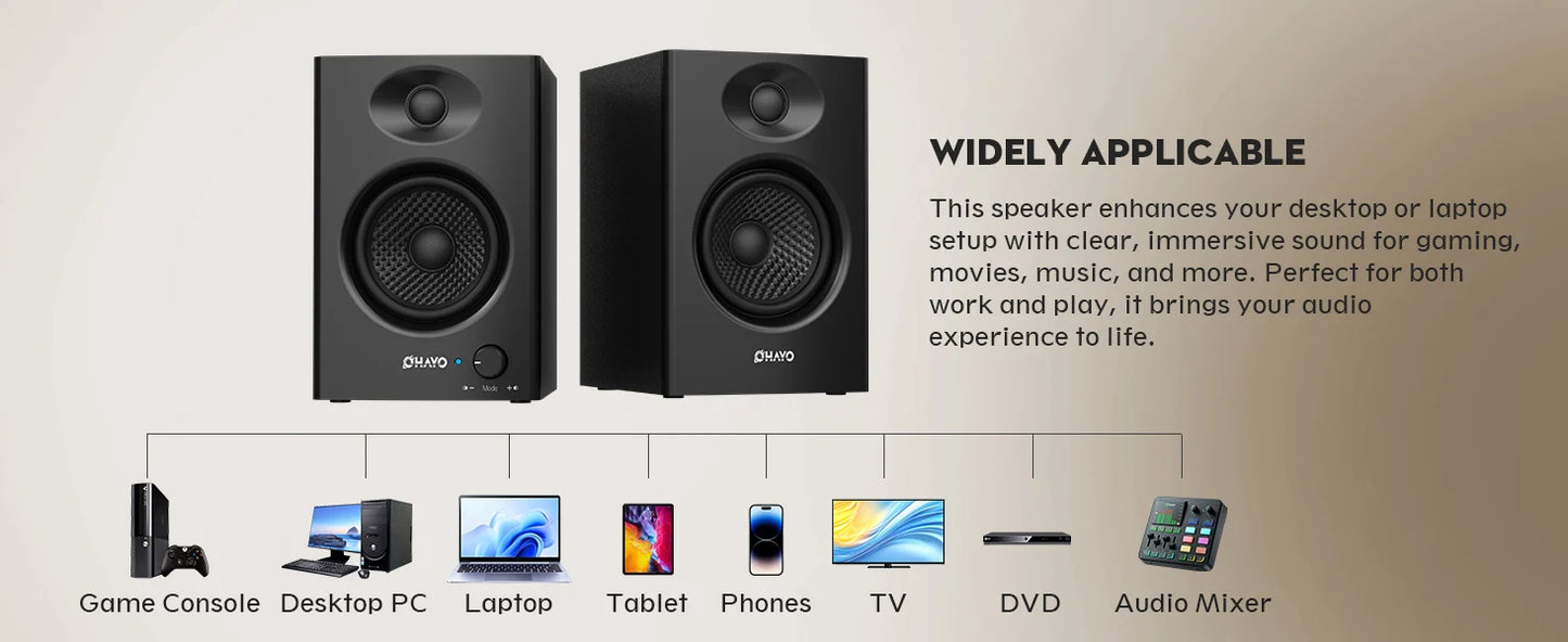 OHAYO 60W Computer Speakers for Music Gaming, Active Bluetooth 5.3, Stereo 2.0 Speakers for Desktop PC or Laptop, Aux RCA Input