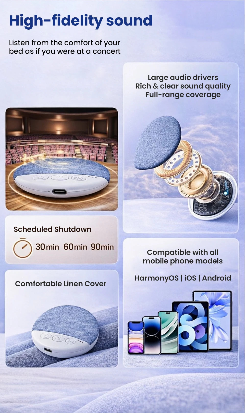 Mini Ultra Thin Bluetooth 5.4 Sleep Aid Speaker HiFi Stereo White Noise Multi-Functional under Pillow Home Sleep Timer Audio