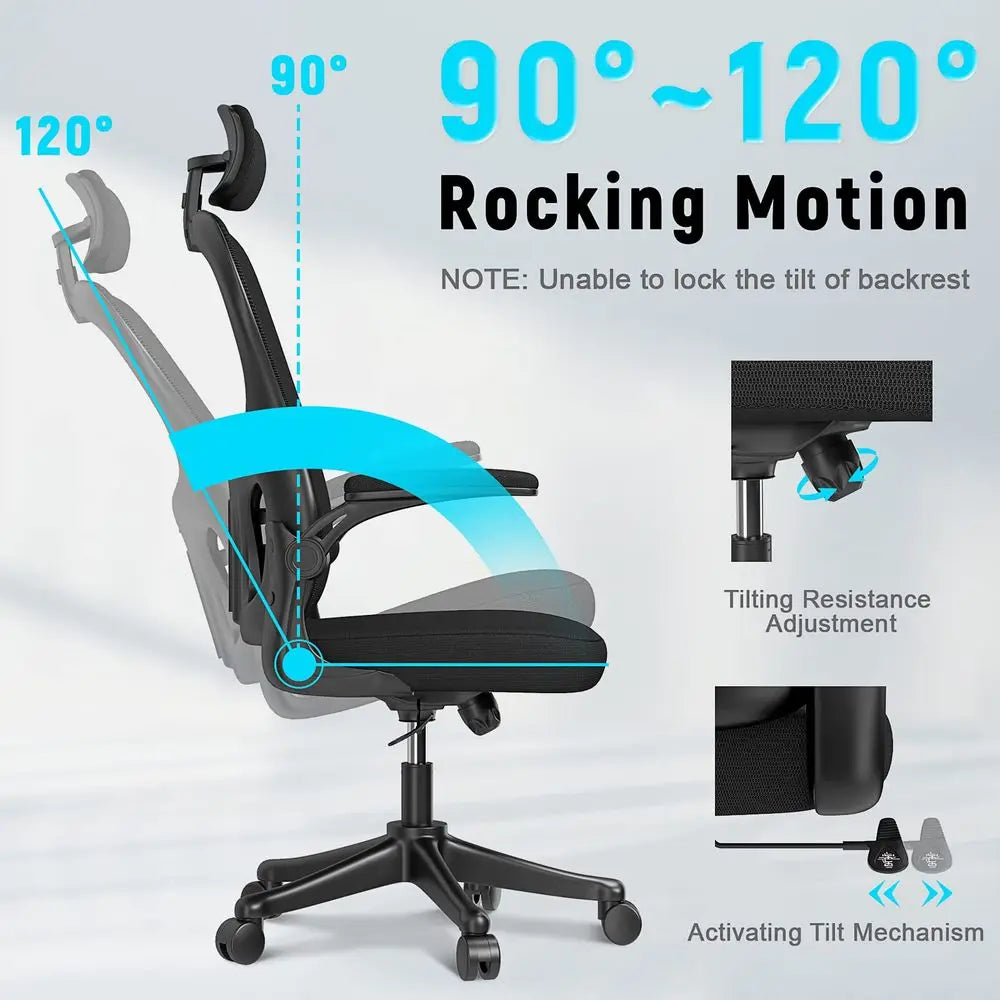 Office Desk Chair with FlipUp Armrest High Back Ergonomic Computer Chair with Adjustable Headrest and Lumbar Support Executive