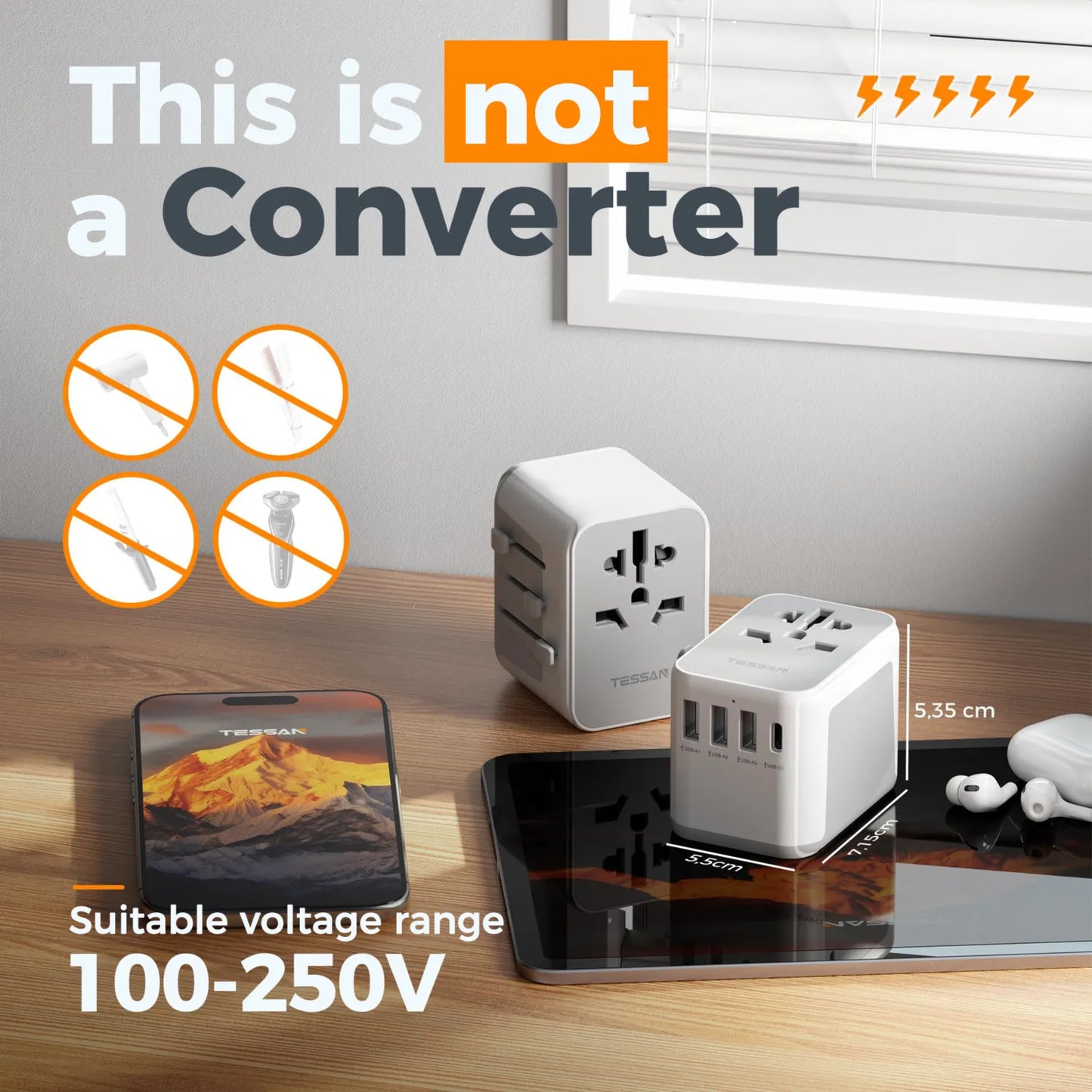 TESSAN Universal Travel Adapter Worldwide with USB & Type C, International Plug All-in-one Wall Charger for US EU UK AUS Travel