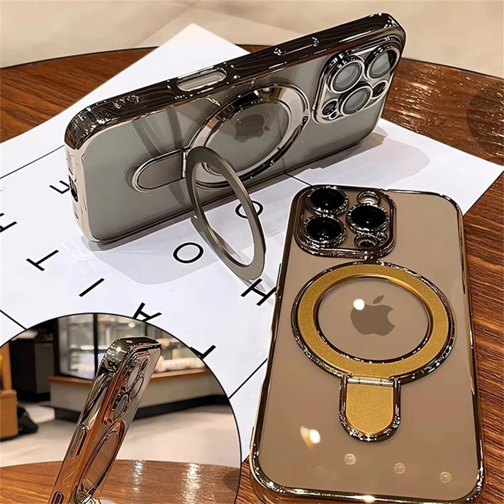 Luxury For Magsafe Bracket Case For iPhone 17 Air 16 Pro 15 14 13 12 11 Pro Max Magnetic Ring Stand Holder Clear Soft Cover