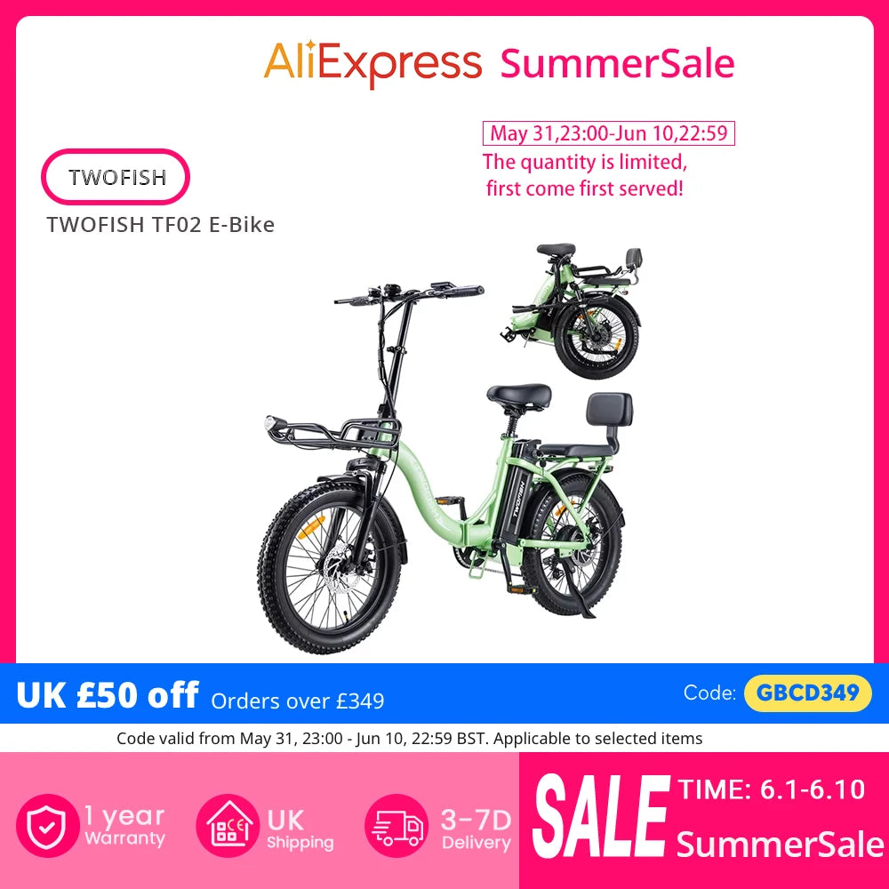 UK Stock TWOFISH TF02 E-Bike: 250W, 36V 17.8Ah, 20"x4" Tyres, 25km/h Max Speed, 100km Max Range, Disc Brakes, Front Suspension