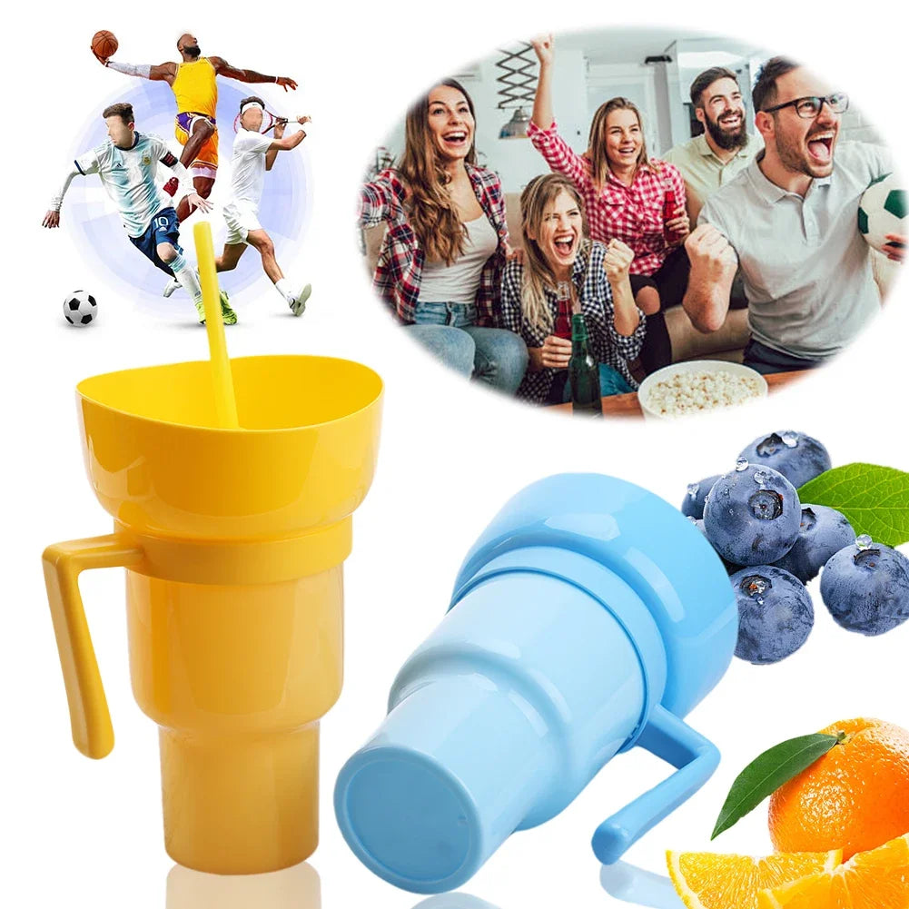 1000ml Portable Snack Container Multifunction Stadium Tumbler Popcorn Beverage Cup with Straw & Handle for Cinema Home Travel
