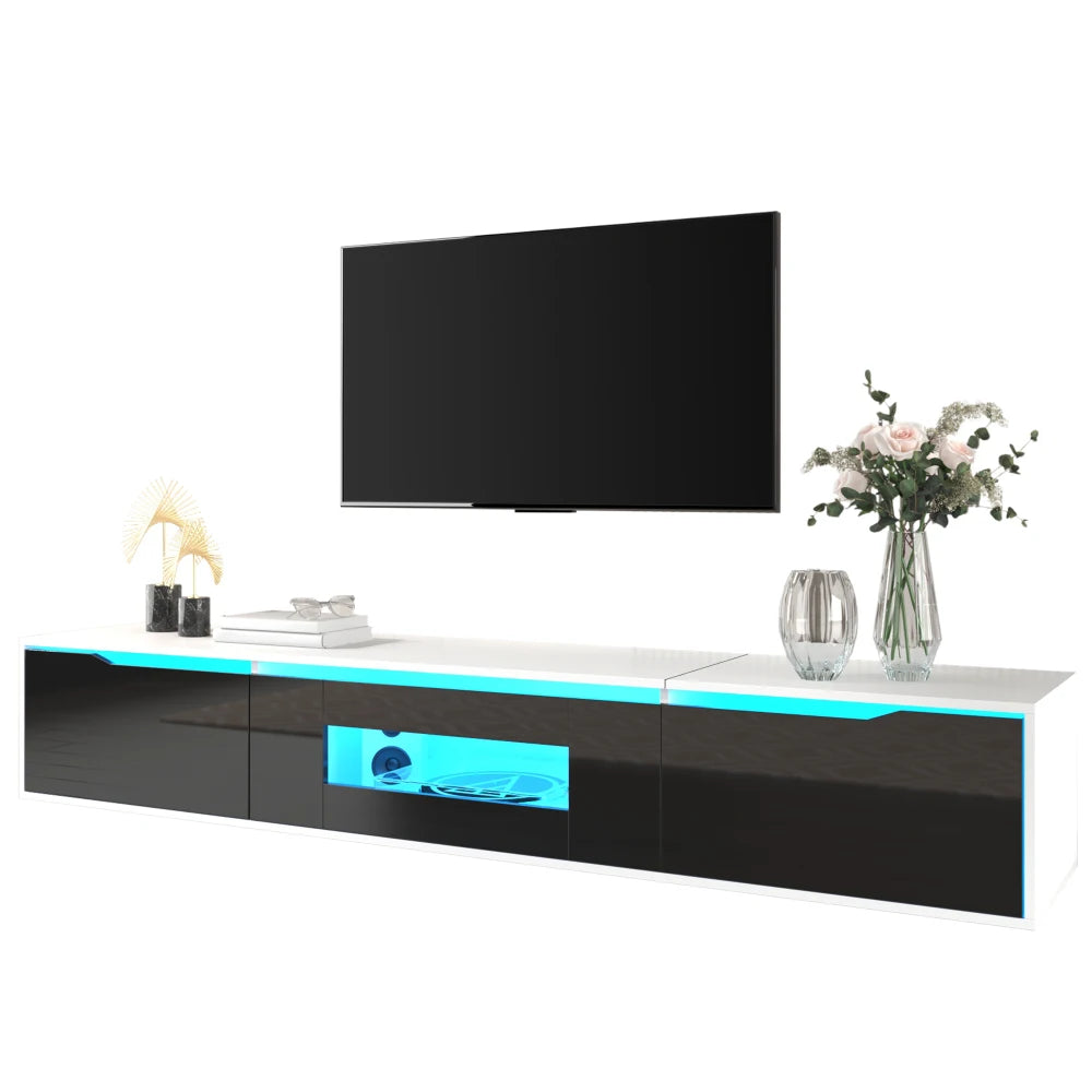 PINGGO TV cabinet, high-gloss TV cabinet, matching colours in white and high-gloss black, with colour-changing LED lights