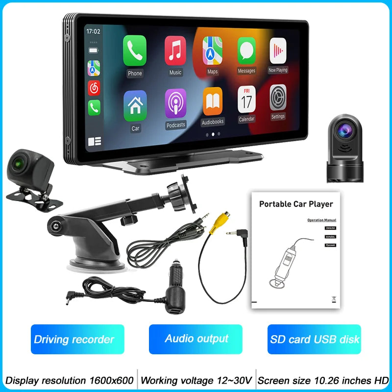 BQCC 10.26 Inch Portable MP5 Multimedia Video Player Android Auto Wireless Carplay Screen HD Rear Reversing Camera Car Radio