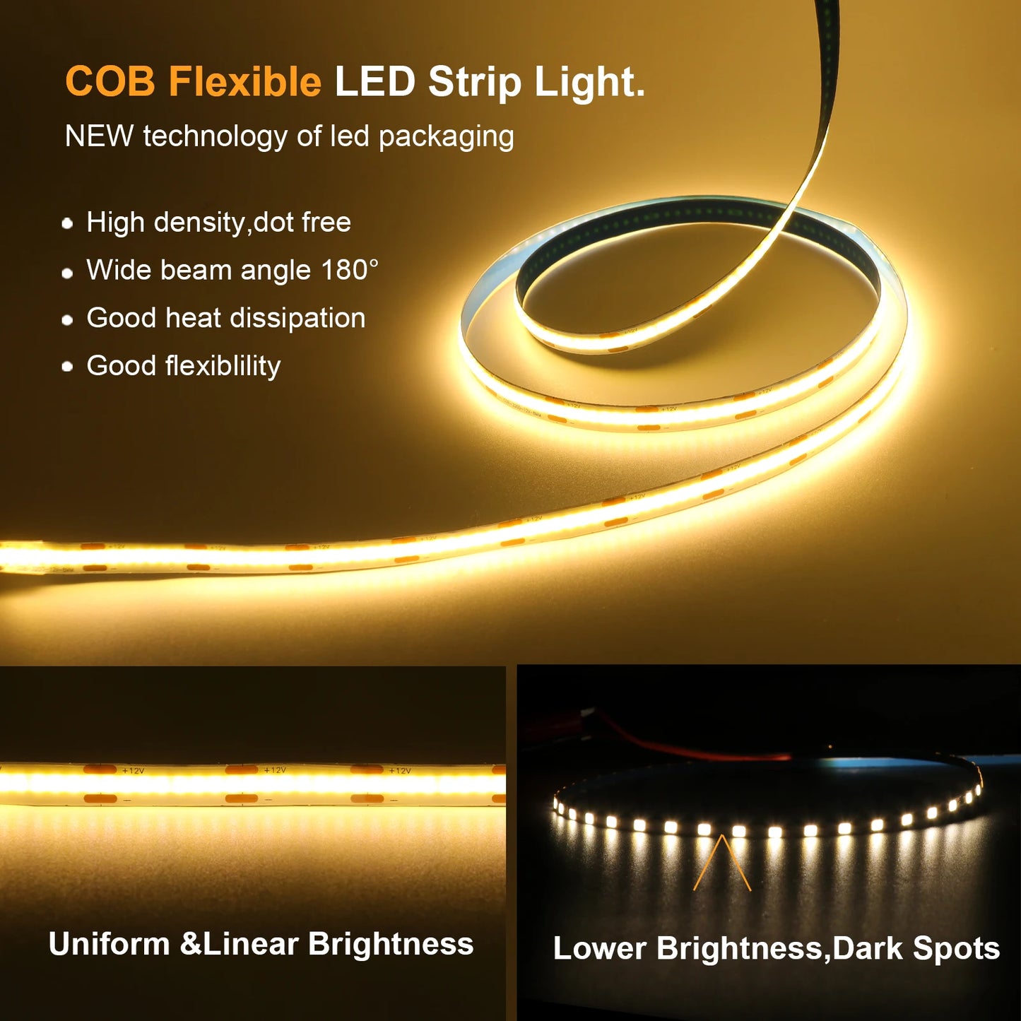 DC 12V 24V COB Strip 320Leds/M High Density RA90 White Pink Yellow Ice Blue Red Green Flexible Ribbon Rope LED Light