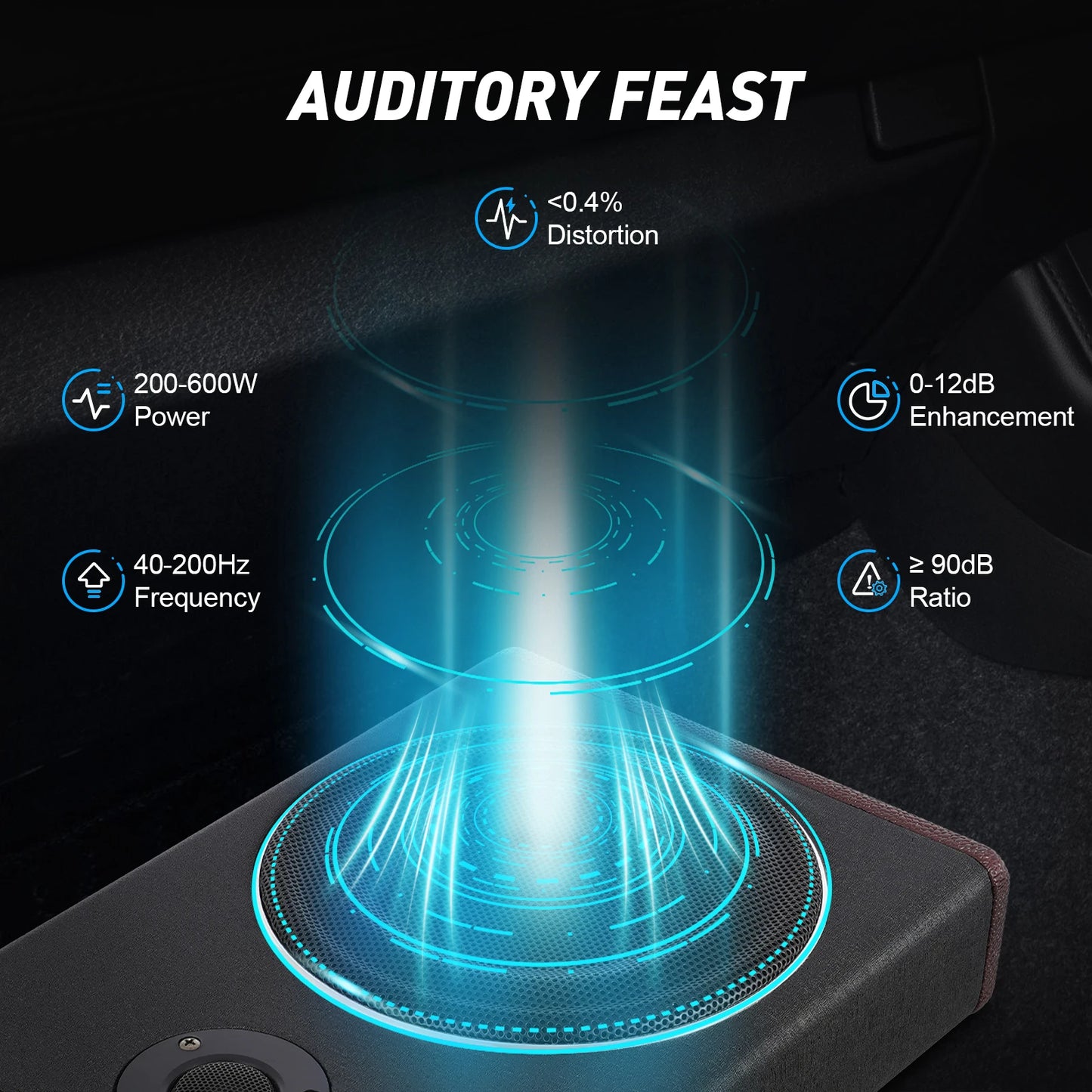 8 Inch 600W Underseat Car Audio Ultra Slim Compact Active Subwoofer System Loud Sound Audio Active Bass Box