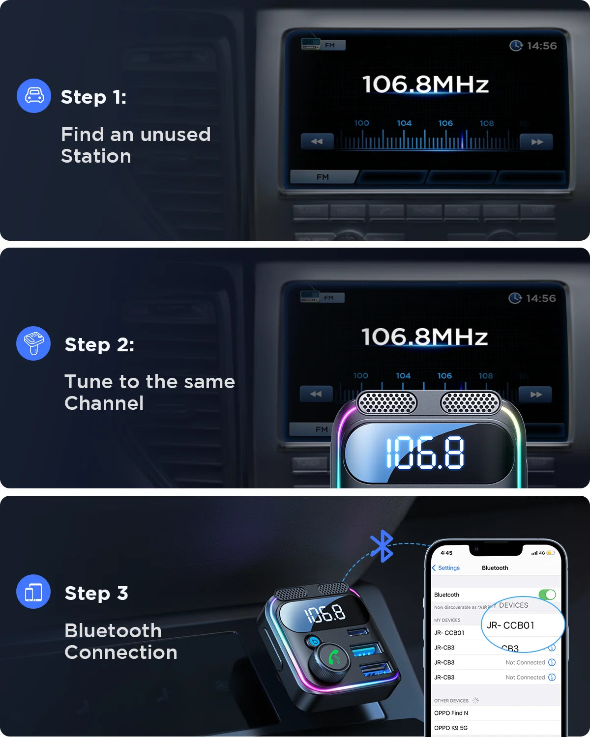 JOYROOM 81W Bluetooth 6.0 Car FM Transmitter Dual Mics PD&QC 3.0 Car Fast Charging Charger Adapter U Disk Hands-Free Calling