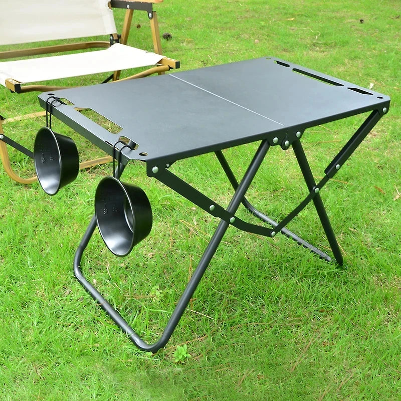 Green Portable Foldable Camping Table, Hollow Edge Hangable Design, Lightweight Durable Table for Picnic Beach Outdoor Travel