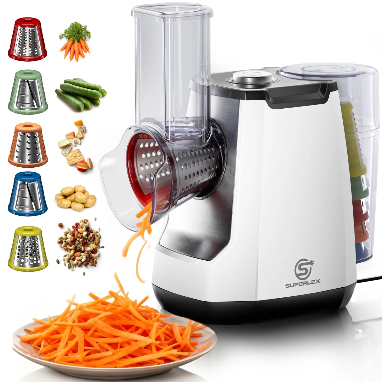 SUPERLEX 5 in 1 Electric Grater 150W Motor Easily Puts In Large Food For egetable Cutter & Slicer Kitchen Cheese Chopper Machine
