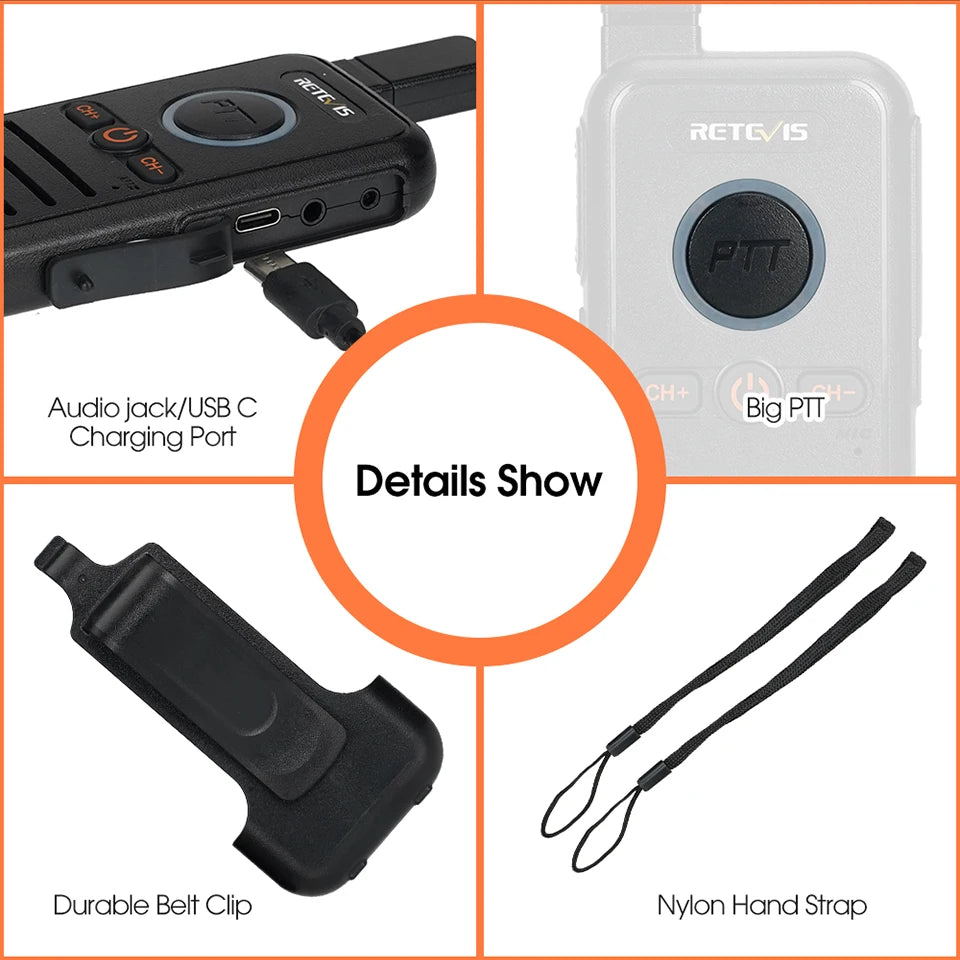 Retevis RB645 Walkie Talkie Dual PTT Professional Walkie-talkie Portable PMR446 Two Way Radio VOX USB C for Hotel Restaurant