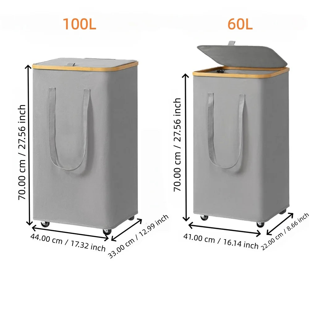 (60L/100L )Large Capacity Foldable Laundry Basket (60L/100L), Rectangular Dirty Clothes Hamper with Wheels, Detachable Liner