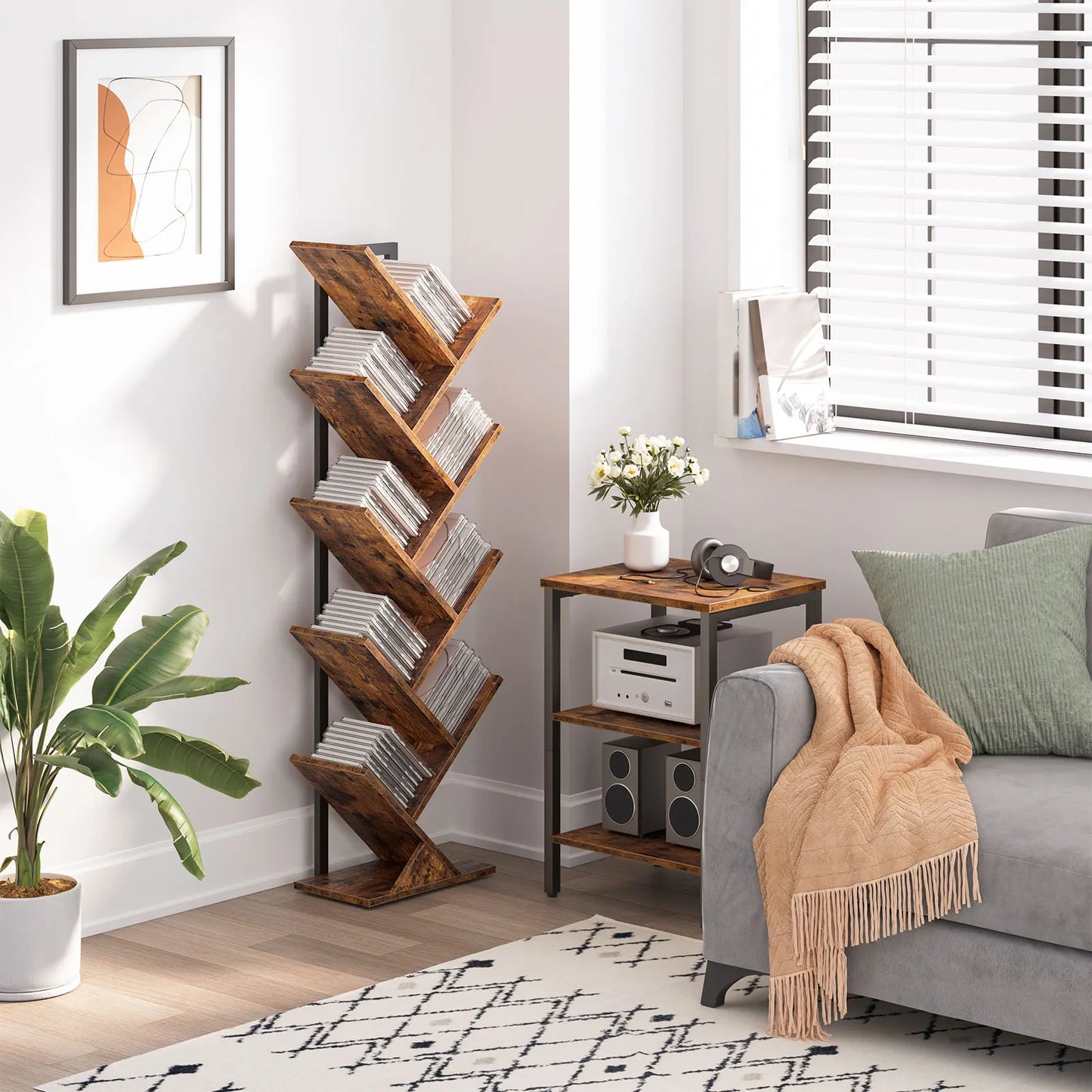 Tree Bookshelf Tall, 9-Tier Floor Standing Book Shelf, Tall Bookcase for CDs Albums, for Living Room, Rustic Brown and Black