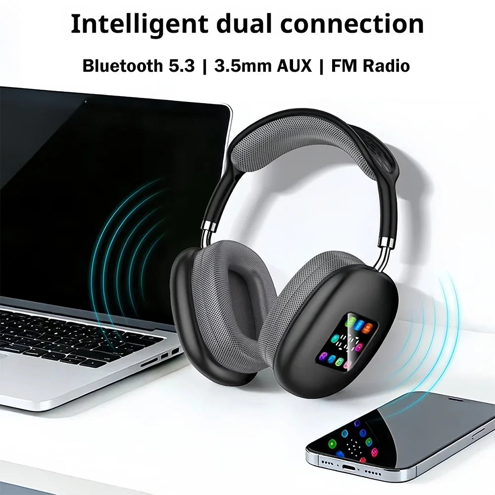 KEBIDUMEI Bluetooth 5.3 Headphones with Color Screen ANC HIFI Stereo Wireless Headsets FM Radio 3.5mm AUX Over Ear Earphones