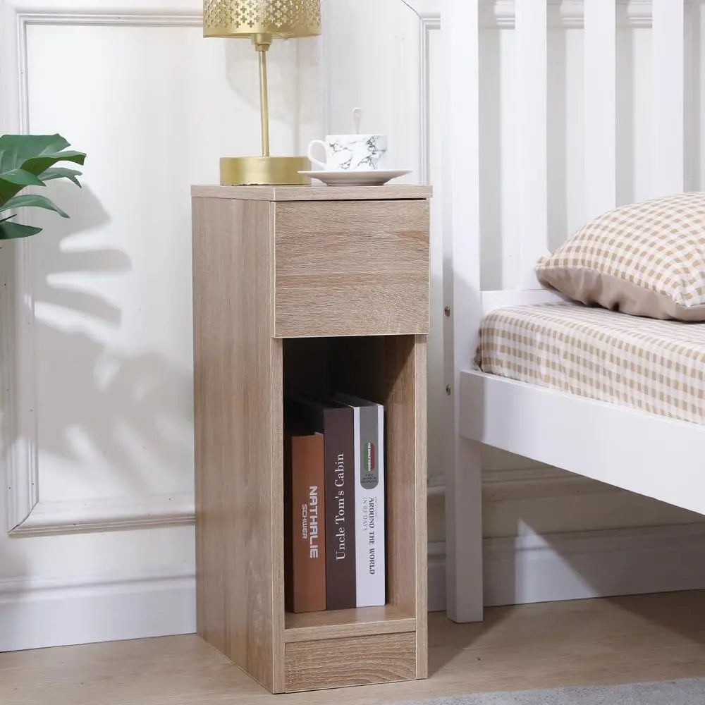 Slim Bedside Table with Drawer 20cm Width Narrow Bedside Table Small Nightstand for Bedroom Brown