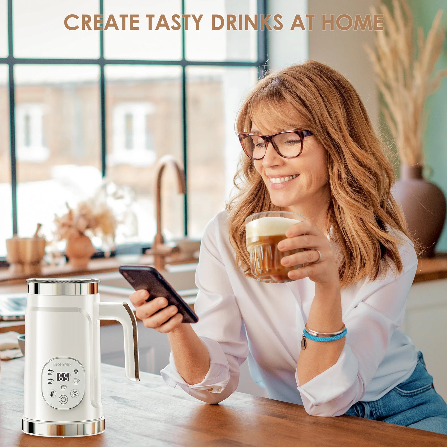 BioloMix Upgraded 5-in-1 LED Touch Screen Milk Frother for Lattes & Coffee, Hot And Cold Foam Maker