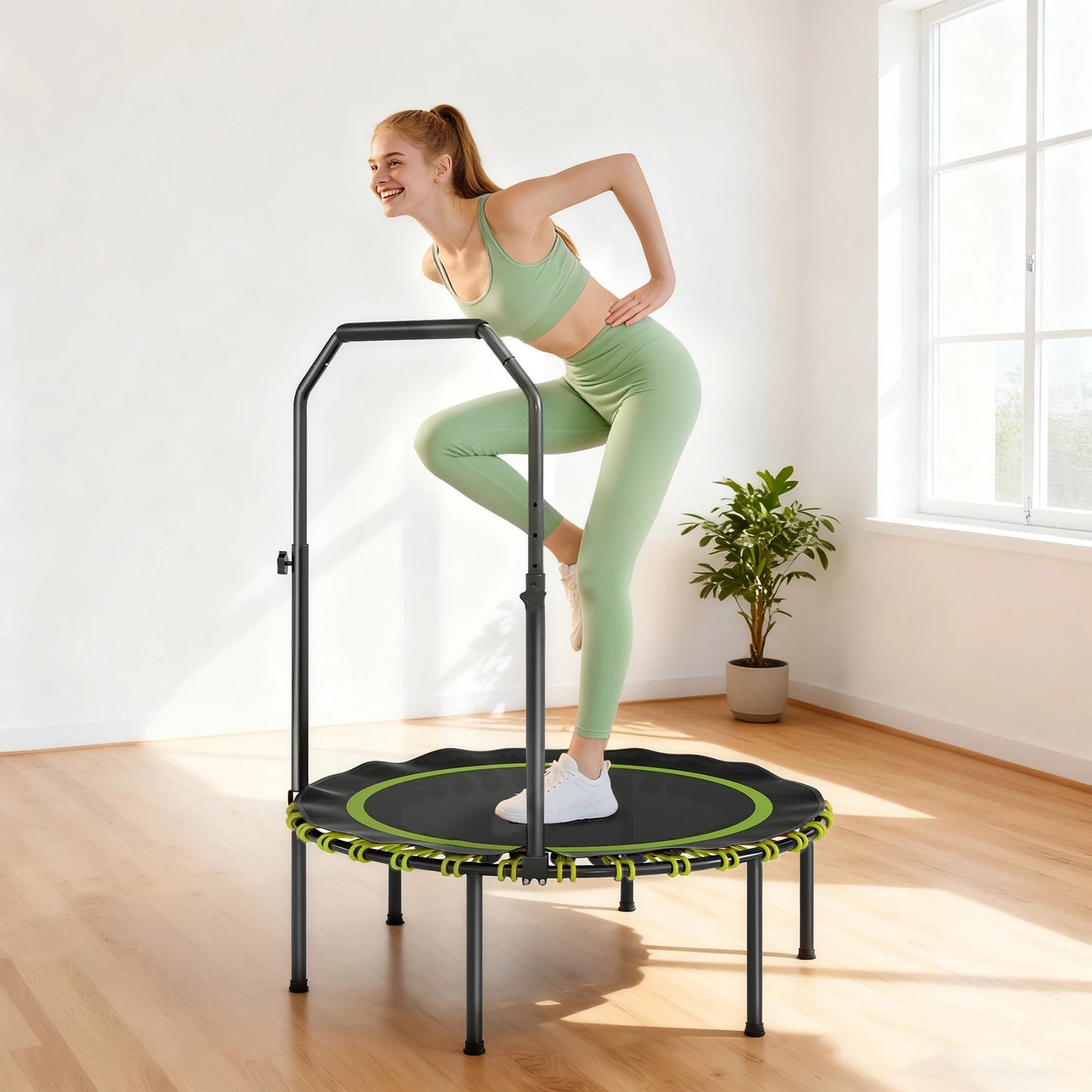 SPORTNOW 40'' Foldable Fitness Trampoline, Mini Trampoline Bungee Rebounder with 5-Level Adjustable Handle for Adults Indoor Out
