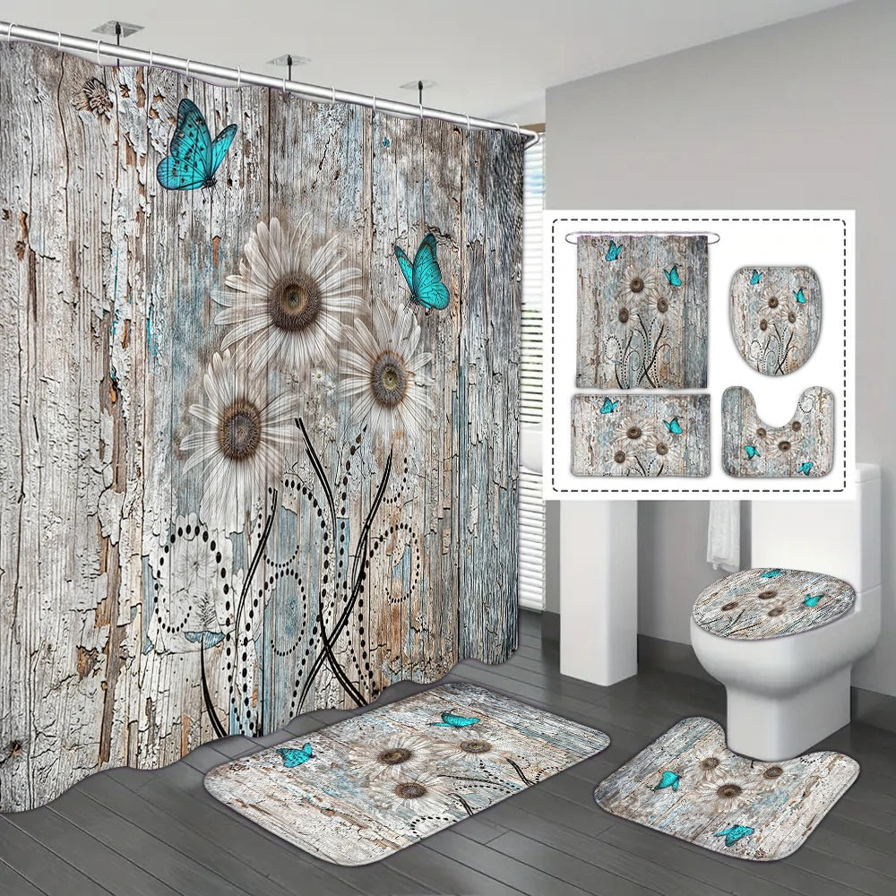 4-piece set of blue white jade orchid waterproof printed shower curtains with 12 hooks, bathroom floor mats