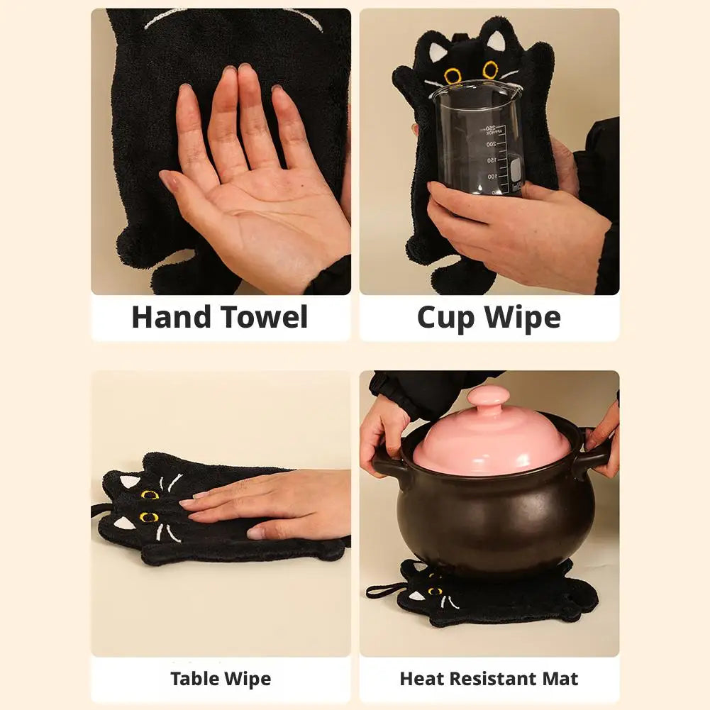 Cartoon Cat Hand Towel Thickened Absorbent Kitchen Heat Resistant Pad Hanging Cleaning Cloth Towels