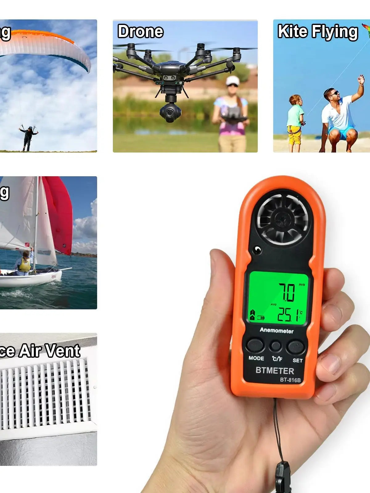 Mini Pocket Anemometer HP-816B, Wind Speed Meter 0-30m/s Current/Average/Max with Temp Backlit LCD for Drone Shooting Outdoor