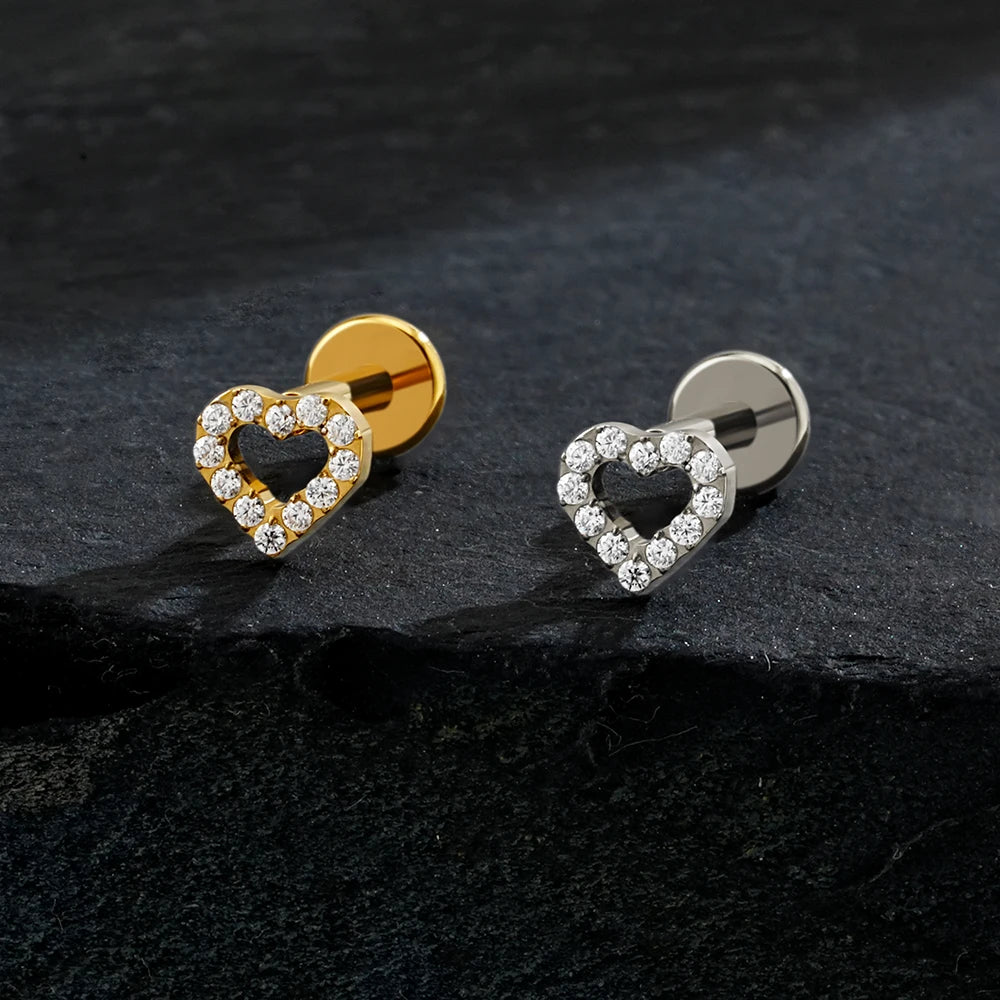 Right Grand ASTM F136 Titanium Mini Heart Cartilage Earring 16G Dainty Flat Back Labret Stud Tragus Helix Piercing Jewelry