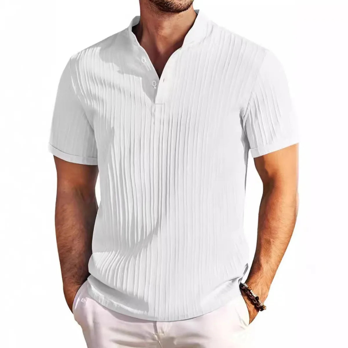 Hawaiian Men's Retro Cotton And Linen Henry Shirt Casual Loose With Sporty Stand-up Collar Buttons 2026 New Men's Casual Shirt