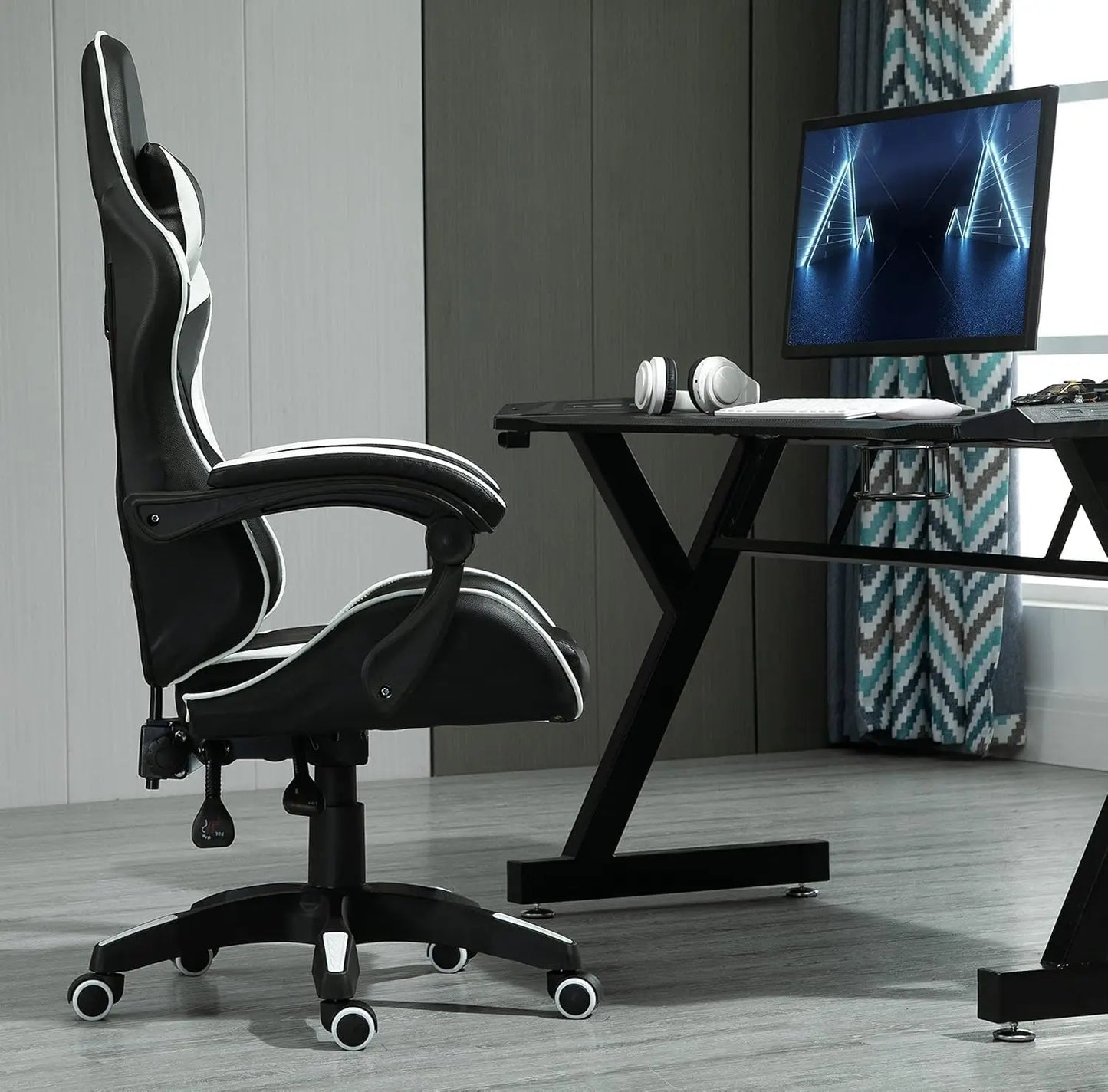 mcc direct Swivel Faux Leather Office Chair Racing Sports Gaming Tilt Computer Desk Chair with Headrest & Lumbar Cushion A