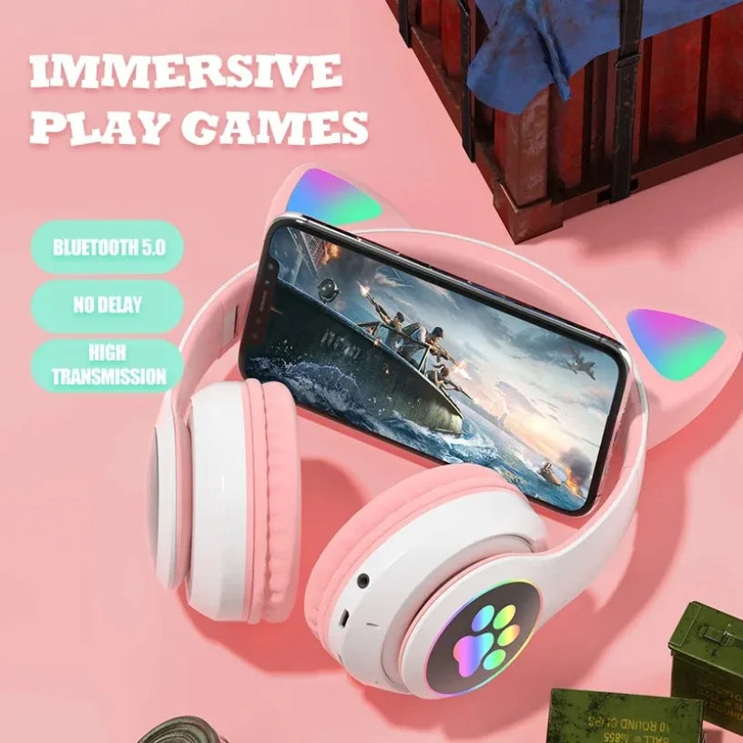 Bluetooth 5.0 Stereo With Mic Flash Lamp Cute Cat Ears Headphone Support TF Card Wireless Kids Girl Earphone Birthday Gift