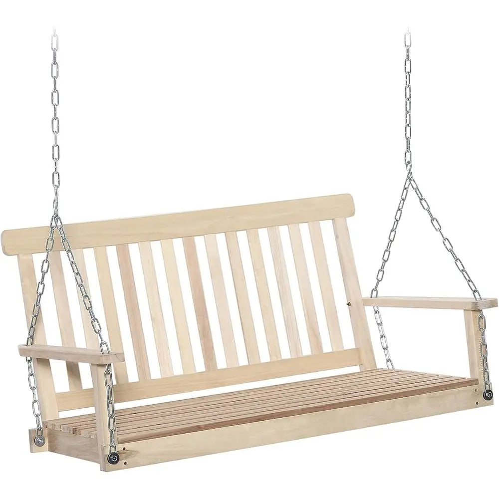 2-Seater Wooden Swing Bench, Porch Hanging Hammock Chair, Natural Garden Furniture