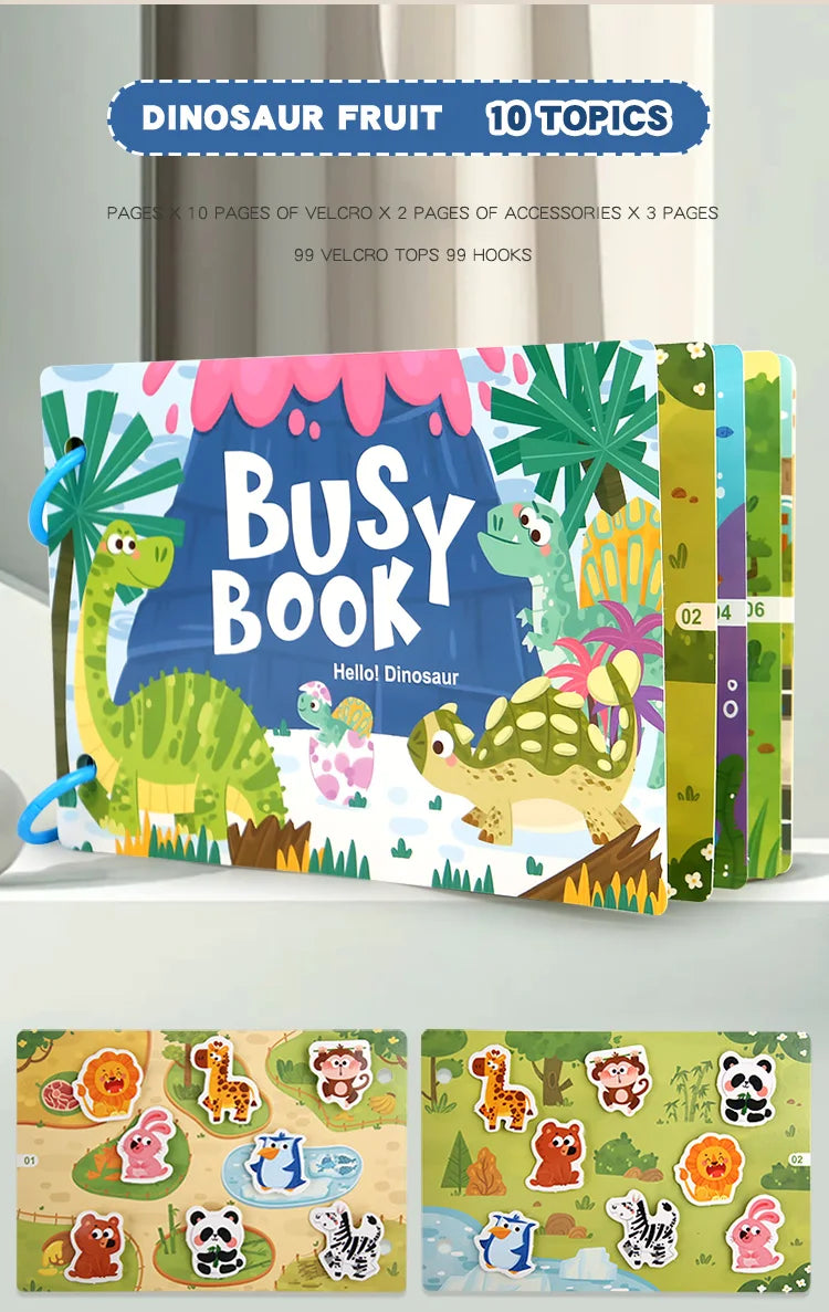 Dinosaur Fruit-Themed Busybook Quiet Book, with 5 Major Themes and Various Accessories, Designed for Children Aged 36 Months and Above, Covering Numbers, Letters, and Colors, with Clear and Easy-To-Understand English Instruct
