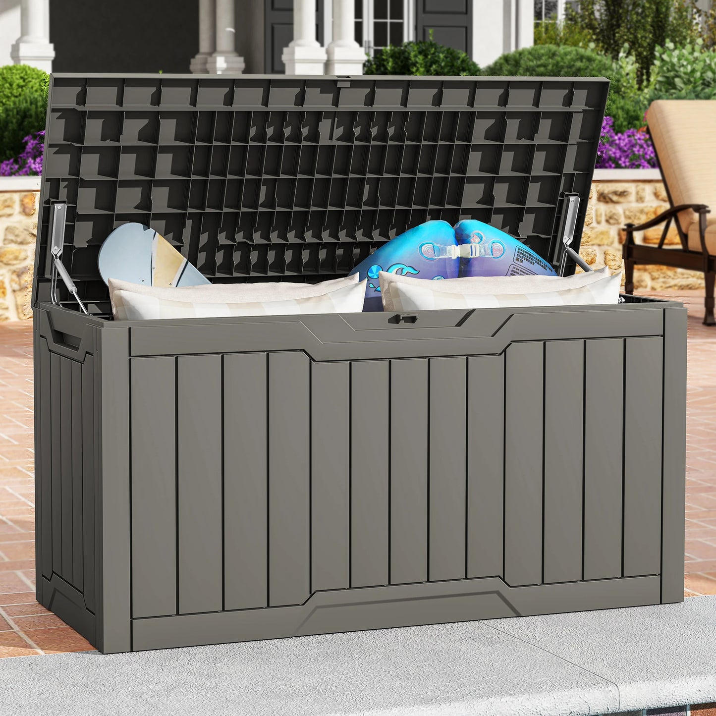 300L Resin Outdoor Storage Box, Waterproof Lockable Deck Box with Handles, All-Weather Patio Organizer for Cushions & Gear