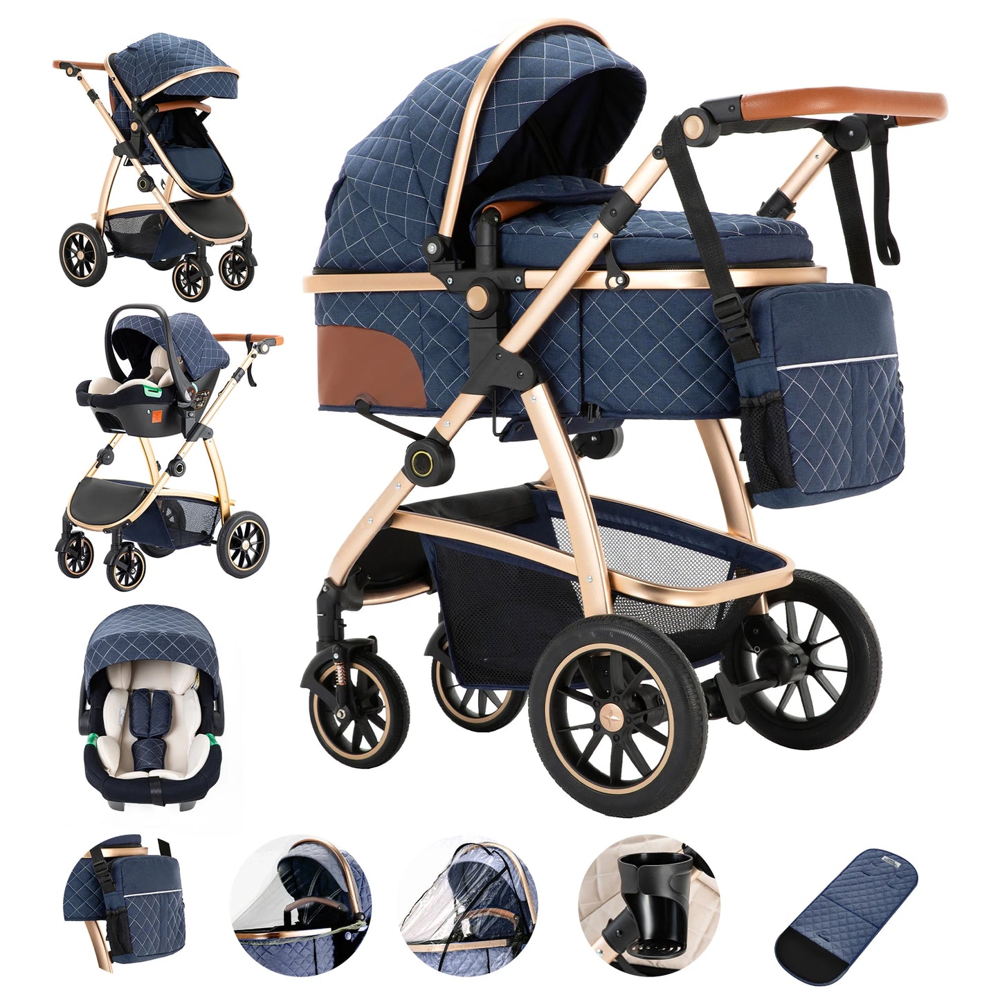 3 in 1 Prams Travel System, Pushchair with Height Adjustable Handle, Travel Pram with Mosquito Net, Baby Stroller with Aluminum