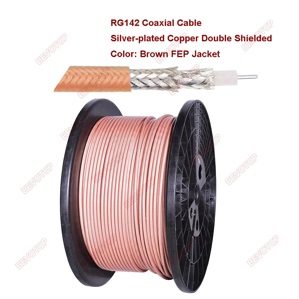 FEP Brown Jacket RG142 Coaxial Cable Silver-plated Copper Double Shielded RF Coaxial Cable 50 Ohm Low Loss BEVOTOP